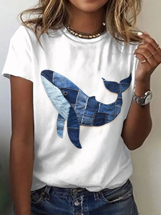 Motif de baleine Vintage Patchwork Art T-Shirt des femmes