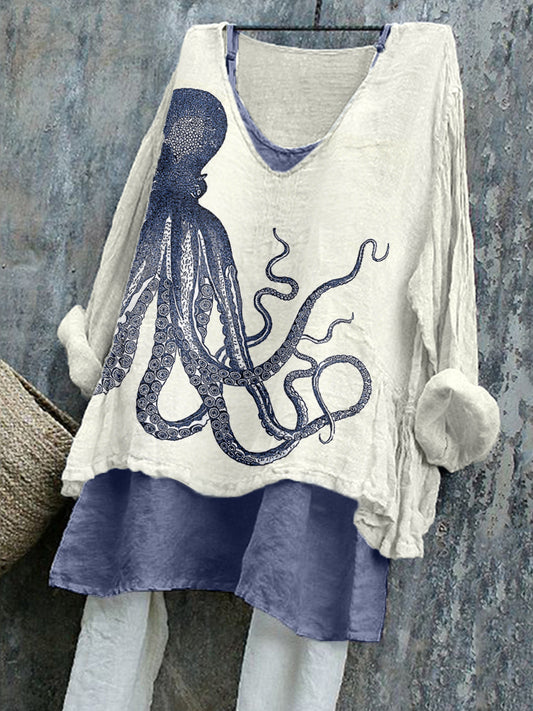 Chemise en lin vintage à imprimé octopus pour femmes