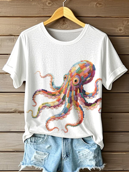 T-shirt à motif de broderie Octopus coloré pour femmes