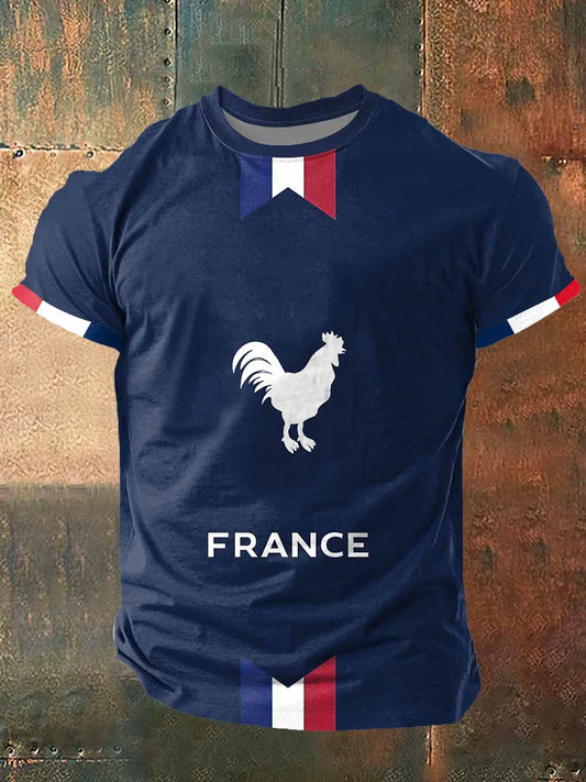 T-shirt à manches courtes France Coq Print Vintage Fashion pour hommes