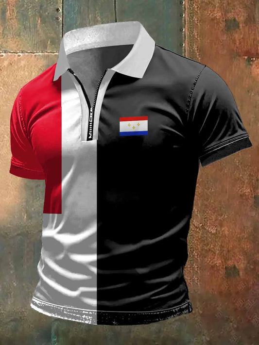 T-shirt à manches courtes imprimé fleur de lys zippé à col polo pour homme