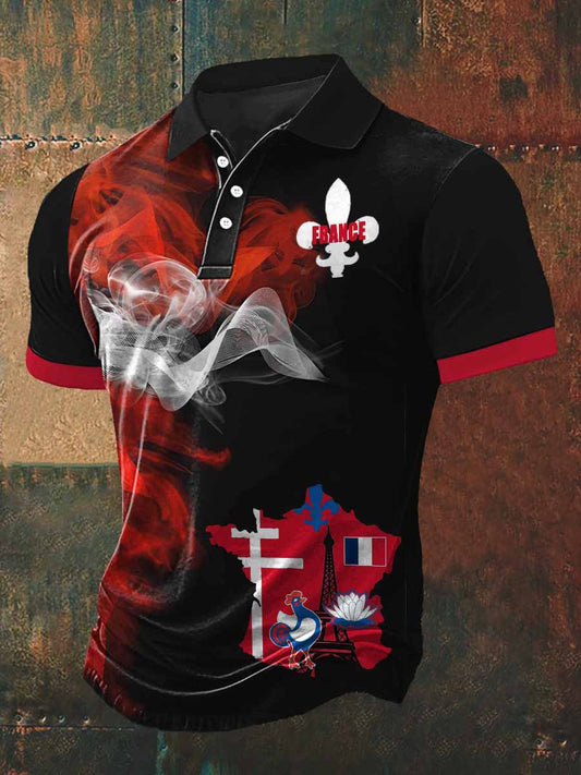 T-shirt à manches courtes à col polo imprimé France Style pour homme
