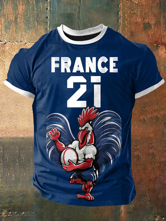 Les hommes de la France Coq Coloré Imprimer Vintage Fashion T-shirt à manches courtes