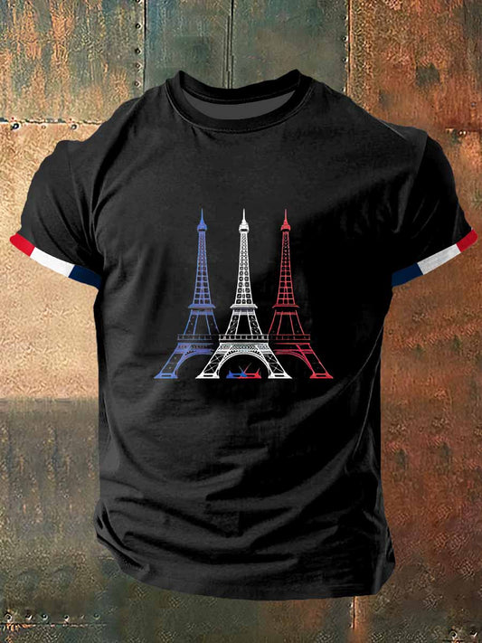 French Tower Print Vintage Fashion T-shirt à manches courtes pour hommes
