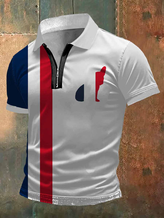 French Bulldog Print Zip-Up Polo Neck T-shirt à manches courtes pour hommes