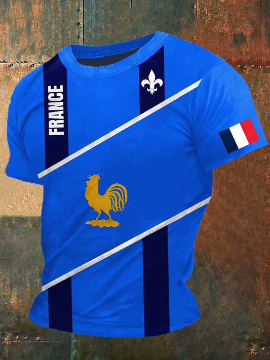 T-shirt à manches courtes France Coq Print Vintage Fashion pour hommes
