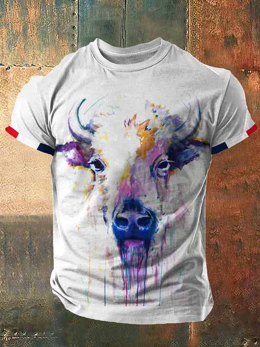 T-shirt à manches courtes Bull Print Vintage Fashion pour hommes