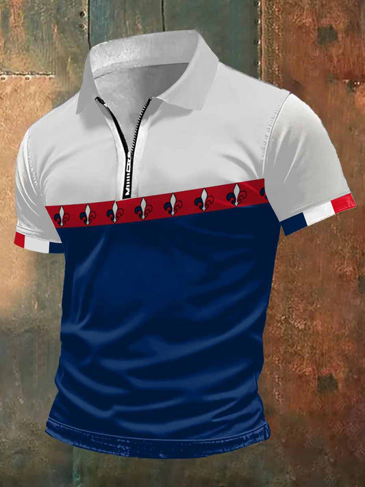French Iris Print Zip-Up Polo Neck T-shirt à manches courtes pour hommes