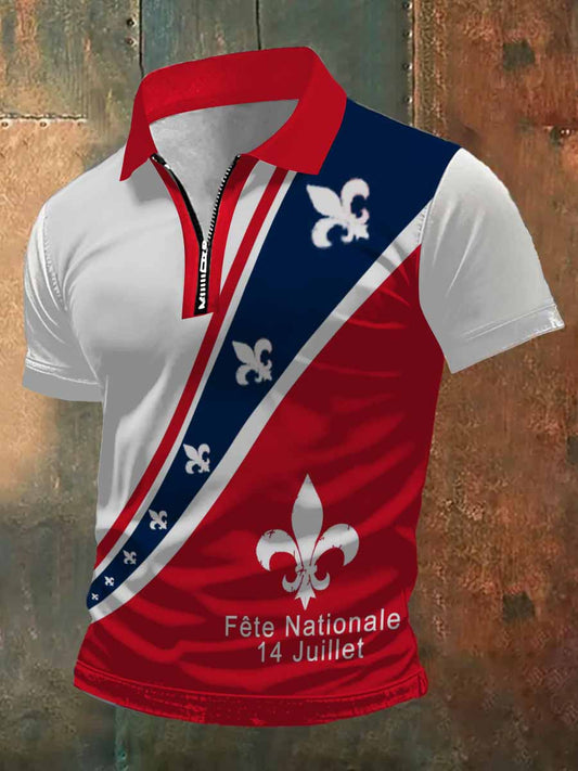 Commémorez la fête nationale Imprimer Zip-Up Polo Neck T-shirt à manches courtes