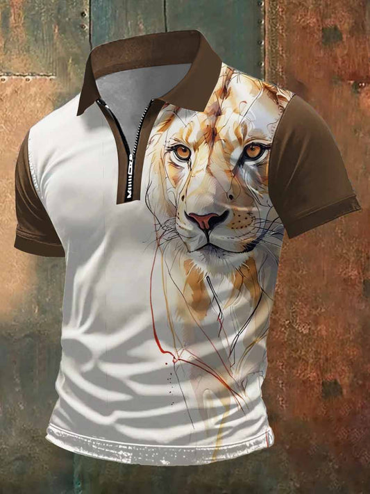 T-shirt à manches courtes col polo à imprimé léopard pour hommes