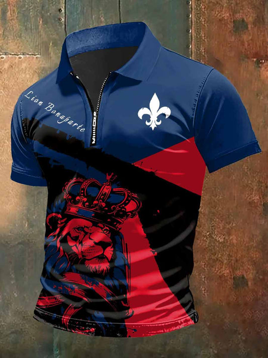 T-shirt à manches courtes Lion Bonaparte Print Zip-Up Polo Neck Homme