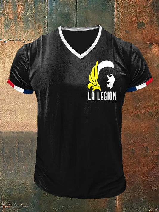 T-shirt à col en V à manches courtes La Legion imprimé Vintage Fashion pour hommes