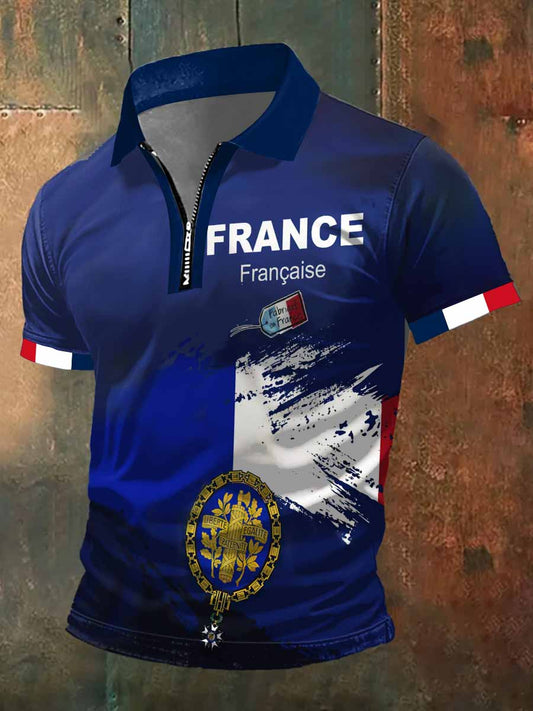T-shirt à manches courtes à col polo avec fermeture à glissière France Badge pour homme