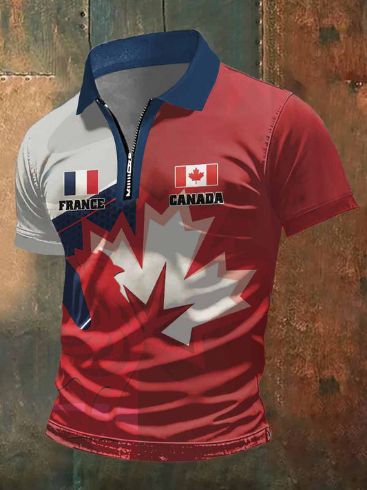 France And Canada Imprimer Zip-Up Polo Neck manches courtes T-shirt