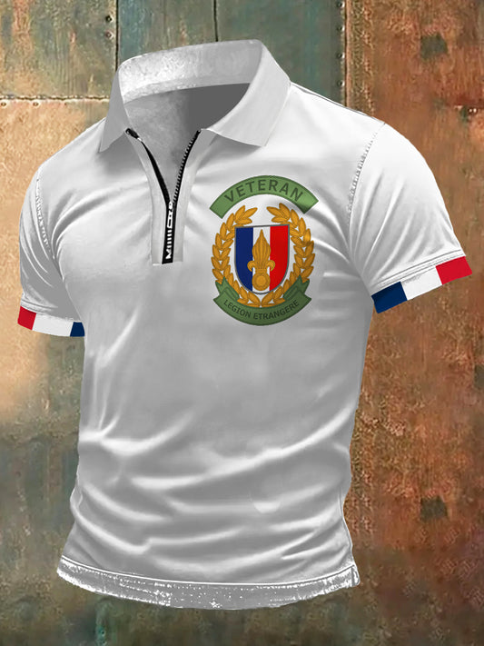 T-shirt à manches courtes à col polo à imprimé vétéran pour hommes
