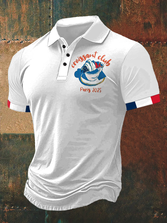 French Croissant Print Polo Neck T-shirt à manches courtes pour hommes