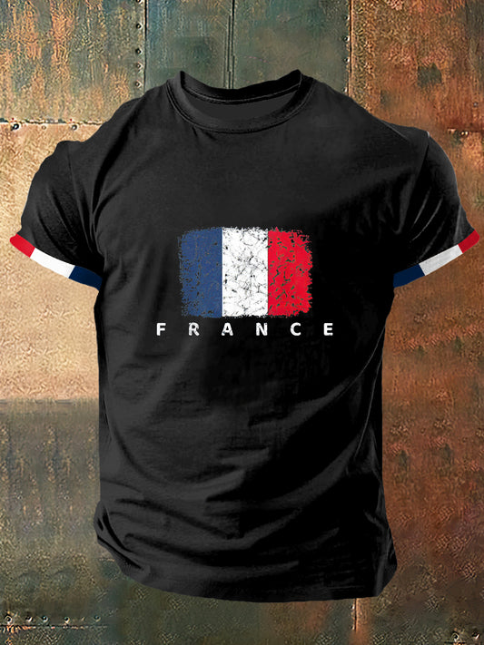 T-shirt à manches courtes de mode vintage imprimé drapeau France pour hommes