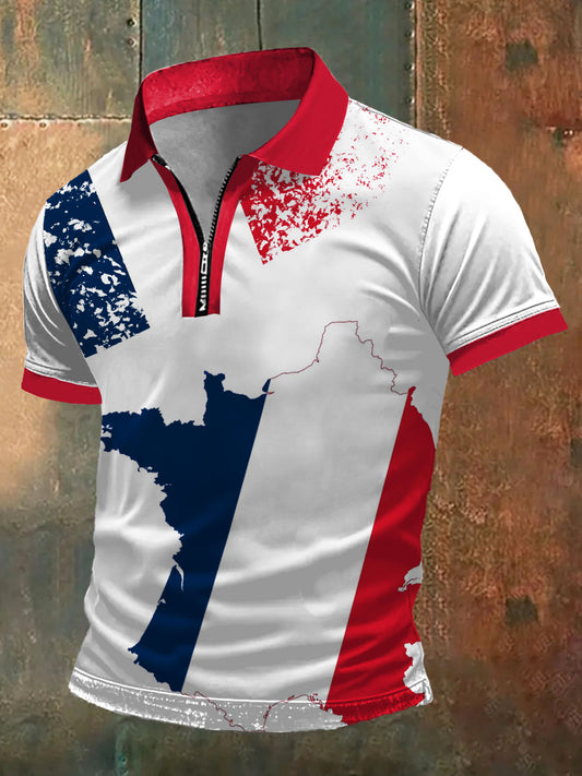 T-shirt à manches courtes à col polo avec imprimé carte et drapeau France pour homme