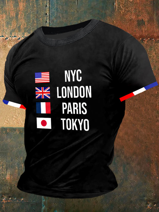 T-shirt à manches courtes NYC Lodon Paris Tokyo Print Vintage Fashion pour hommes