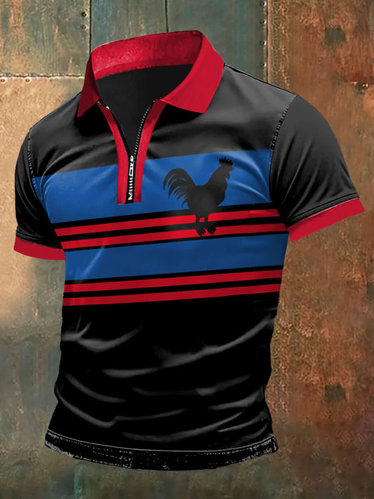 Coq Imprimer Zip-Up Polo Neck T-shirt à manches courtes pour hommes