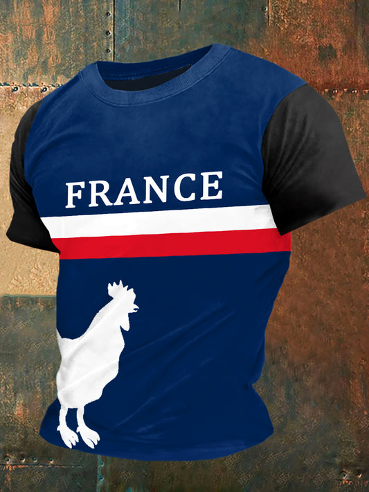 T-shirt à manches courtes France Coq Print Vintage Fashion pour hommes