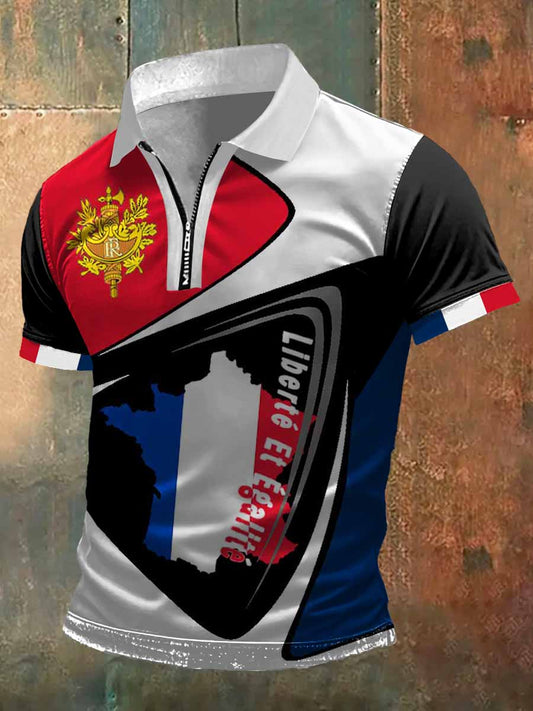 T-shirt imprimé à col polo zippé à manches courtes Liberté Et Égalité