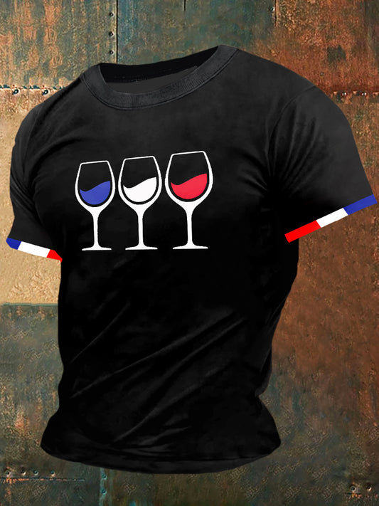 T-shirt à manches courtes France Wine Print Vintage Fashion pour hommes