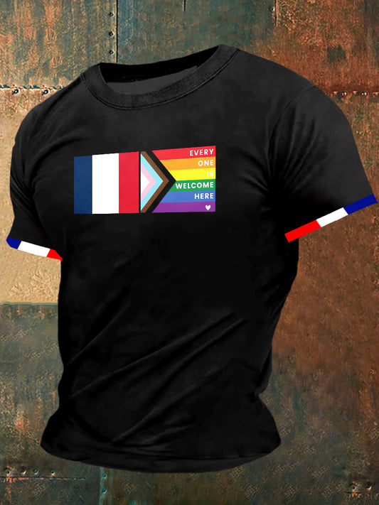 Drapeau de la France des hommes et drapeau arc-en-ciel Imprimer Vintage Fashion T-shirt à manches courtes