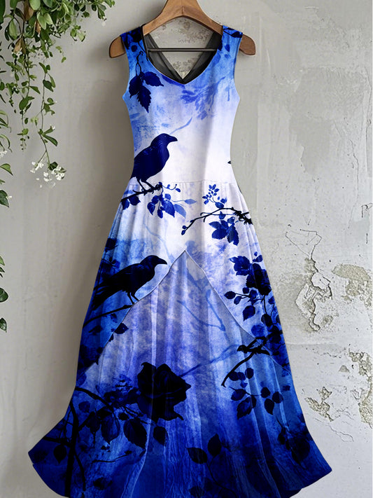 Vintage Crow Art Print lâche robe midi sans manches