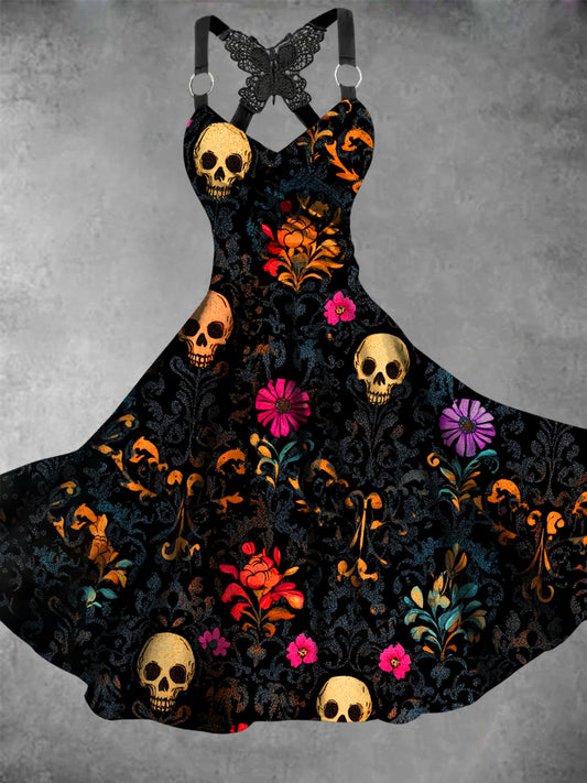 Robe Vintage à Imprimé Floral Crâne