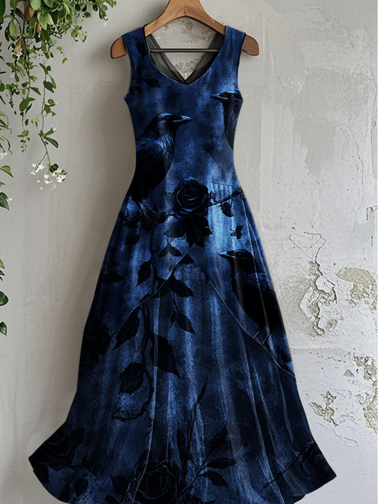 Vintage Crow Art Print lâche robe midi sans manches