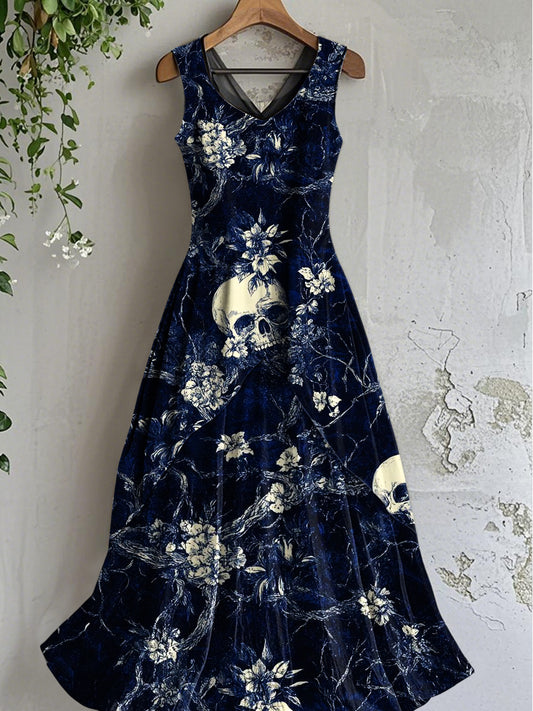 Robe mi-longue sans manches à imprimé floral crâne vintage