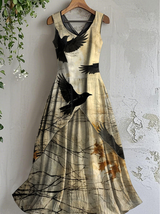 Vintage Crow Art Print lâche robe midi sans manches
