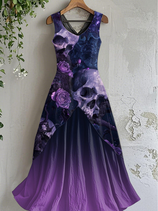Robe mi-longue sans manches à imprimé floral crâne vintage