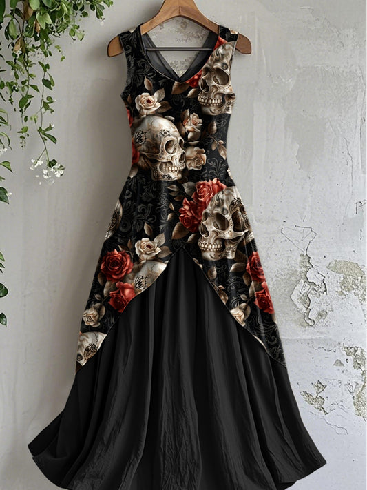 Robe mi-longue sans manches à imprimé floral crâne vintage