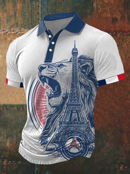 T-shirt manches courtes PSG Paris Lion Print Polo Neck Homme