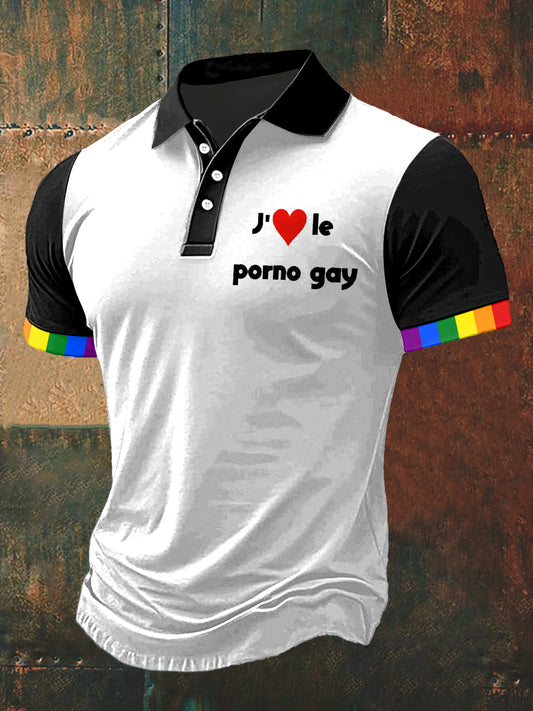 T-shirt manches courtes à col polo imprimé I Love Gay pour hommes