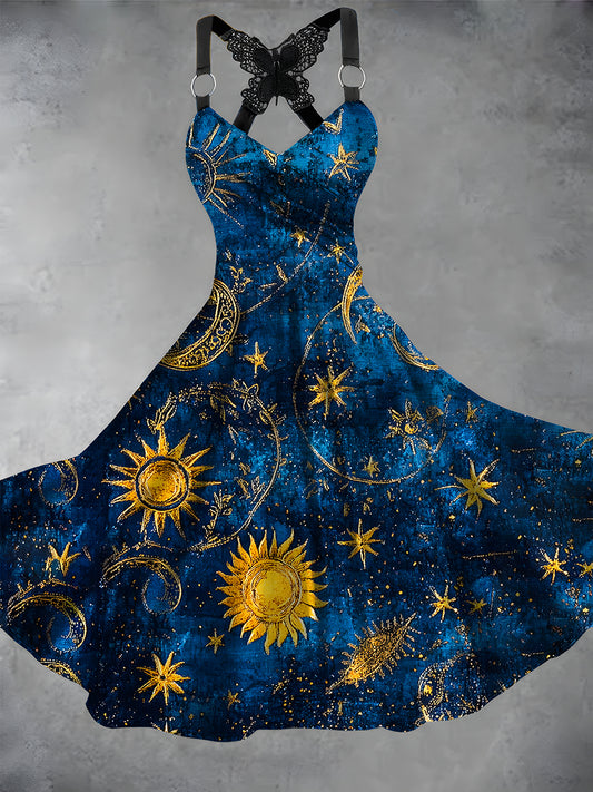Rétro étoile et lune Imprimer V-cou lâche à manches courtes robe midi