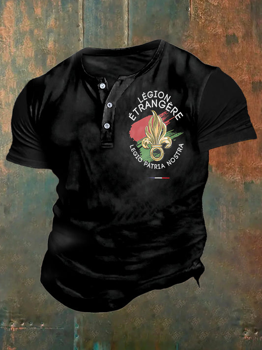 Legion Etrangere Imprimer Art à manches courtes Henley Neck T-shirt Homme
