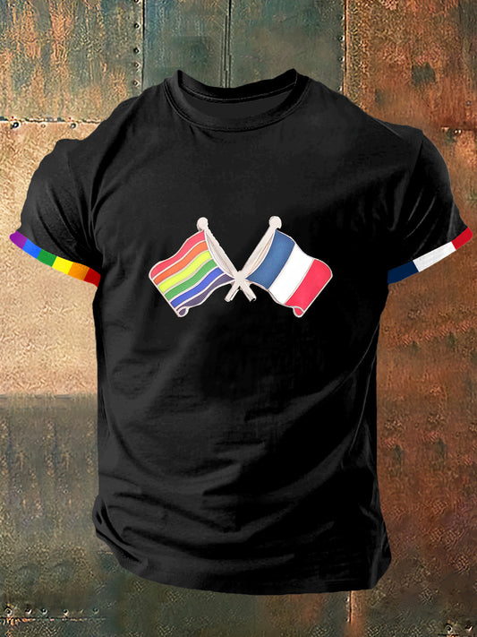 Drapeau arc-en-ciel et drapeau de la France Imprimer Vintage Fashion T-shirt à manches courtes