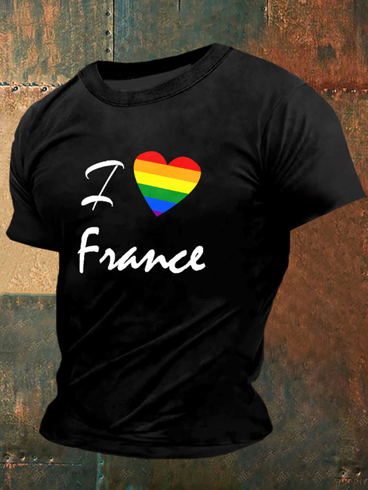 Hommes I Love France Imprimer Vintage Fashion T-shirt à manches courtes