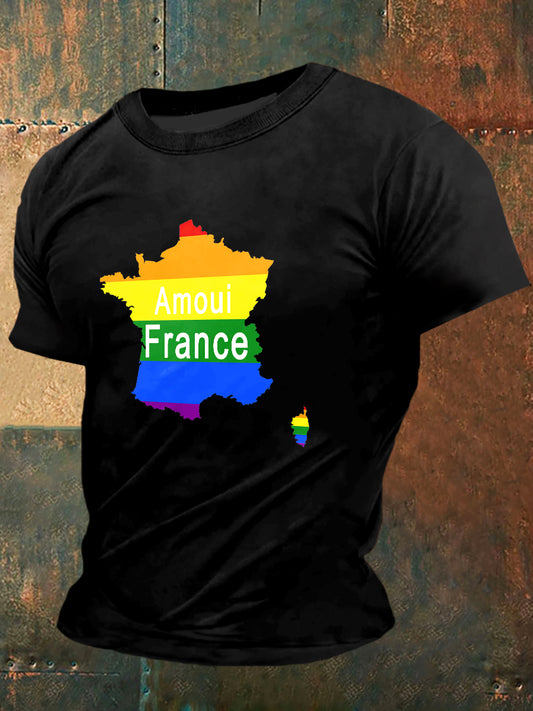 Amoui France Print Vintage Fashion T-shirt à manches courtes pour hommes