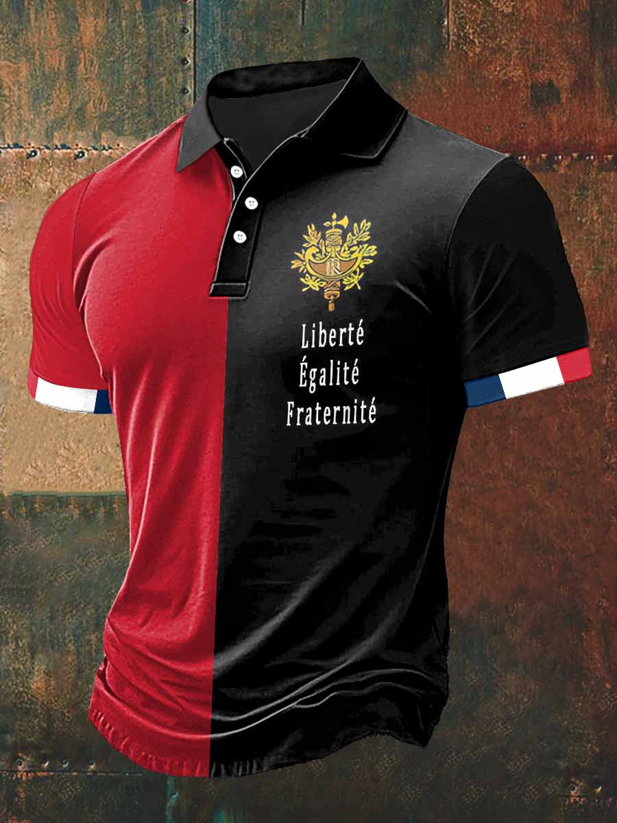 Liberty Equality Fraternity Print Polo Neck T-shirt à manches courtes pour hommes