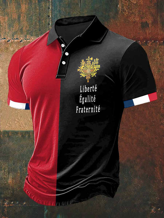 Liberty Equality Fraternity Print Polo Neck T-shirt à manches courtes pour hommes