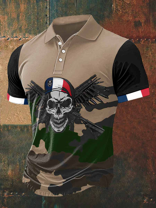 Skull Soldier Print Polo Neck T-shirt à manches courtes pour hommes