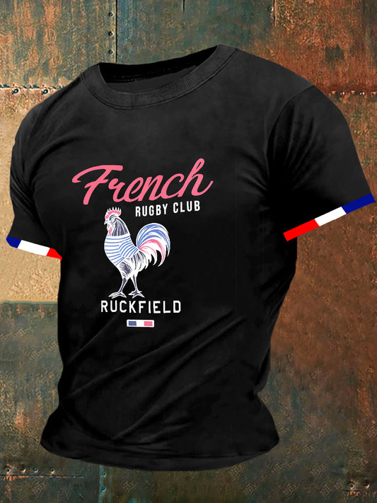 T-shirt à manches courtes à la mode vintage imprimé club de rugby français pour hommes
