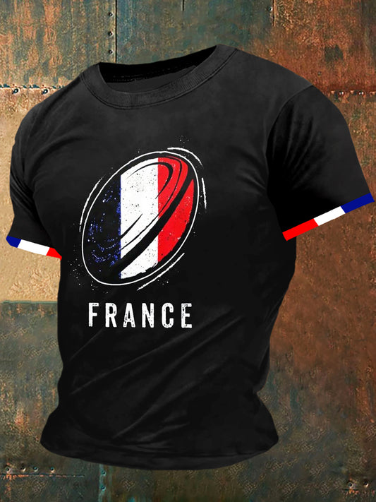 T-shirt à manches courtes French Rugby Print Vintage Fashion pour hommes