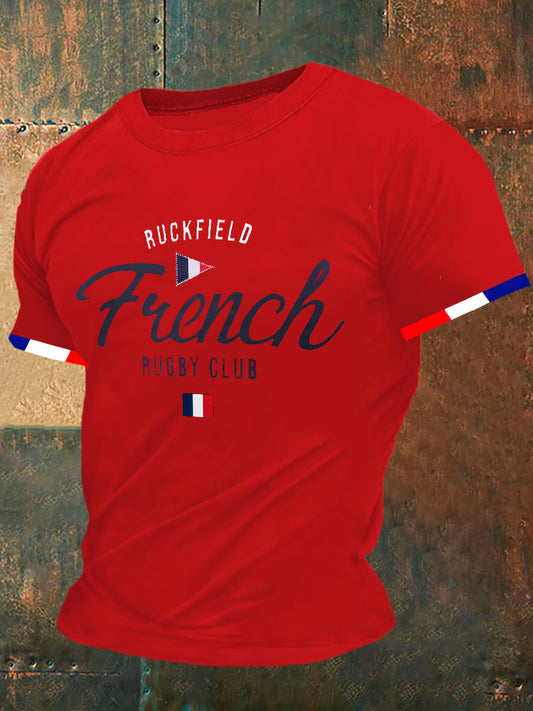 T-shirt à manches courtes à la mode vintage imprimé club de rugby français pour hommes