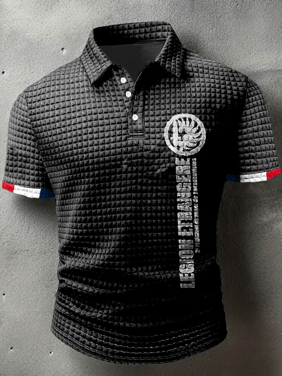 Legion Imprimer Waffle Polo Neck T-shirt à manches courtes pour hommes