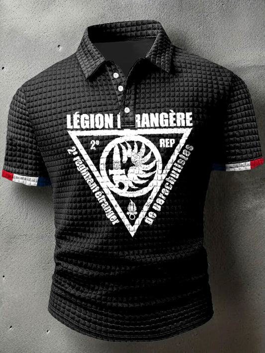 Legion Imprimer Waffle Polo Neck T-shirt à manches courtes pour hommes